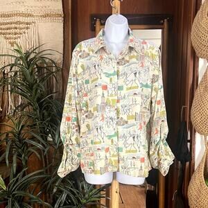 Vintage Cityscape Sketch Shirt M/L | Mod Art Print Button Up Rayon Stick Figure